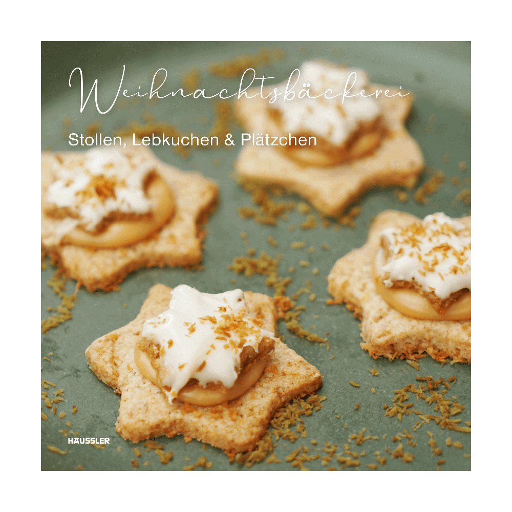 Häussler-Buch: Weihnachtsbäckerei Cover: Weihnachtsbäckerei. Darauf sind 4 kleine Plätzchen in Sternform zu sehen. Diese liegen auf einem grünen Teller