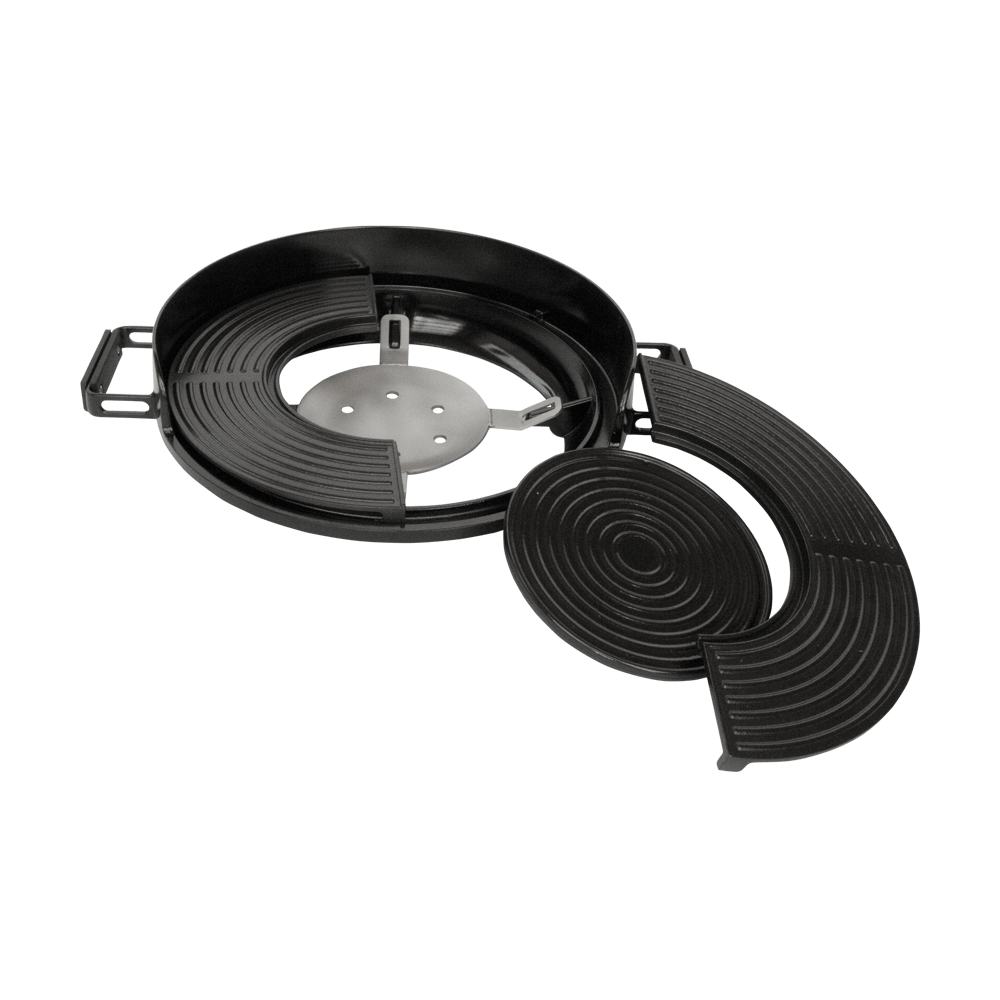 Flammenteiler Schwarzer runder Grillaufsatz der auseinander gebaut ist. Ohne Hintergrund abgebildet.