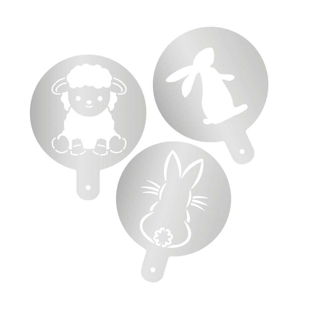 Drei runde Mehlschablone mit Griffstück mit einem Ausschnitt in der Mitte in Form eines Schafes oder eins Hasen. Ohne Hintergrundbild.