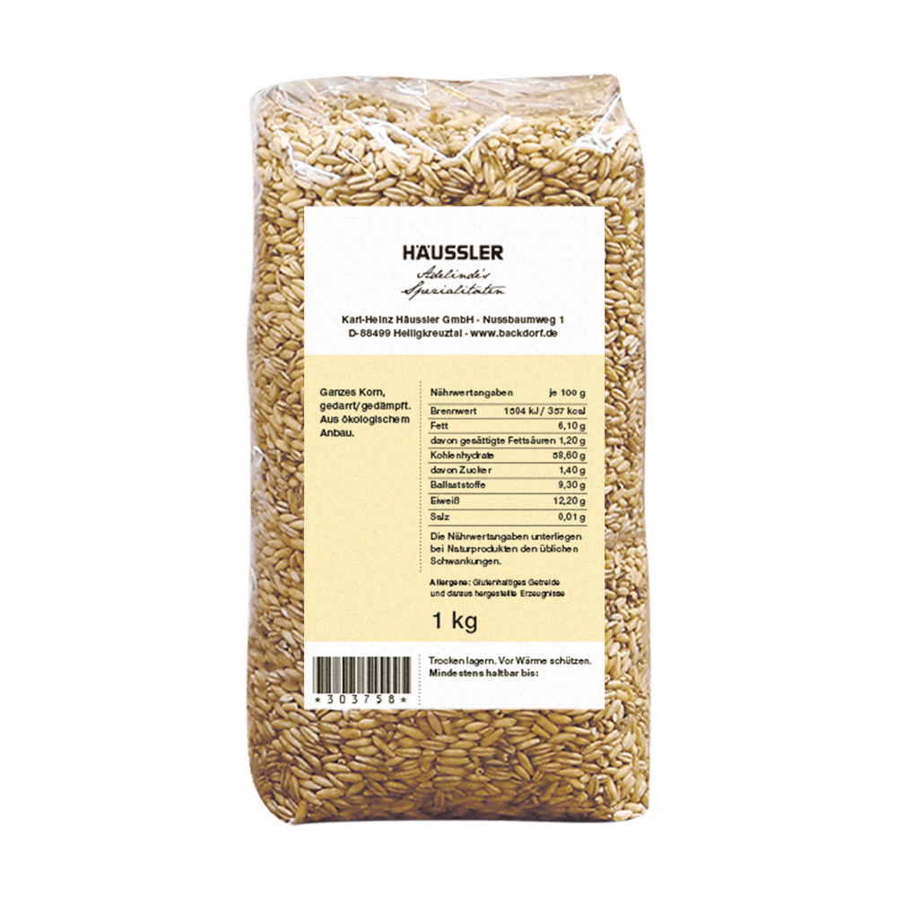 Bio Haferkerne 1 kg Rückseite: Durchsichtige Verpackung mit der Aufschrift: Bio Haferkerne 1 Kilogramm