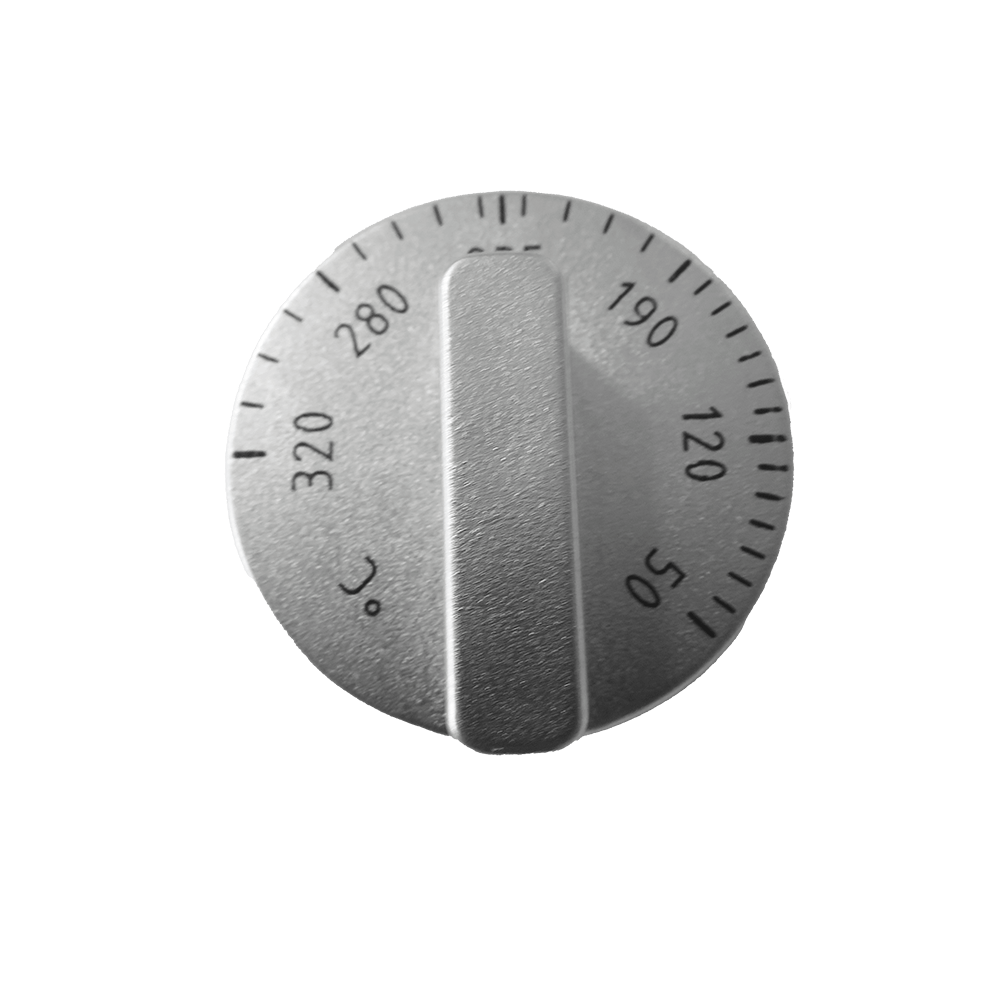 Silberner Drehgriff mit einer Temperaturskala von bis zu 320 Grad für die Elektrosteinbacköfen INO.