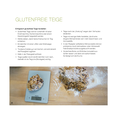 Ein Auszug aus dem Häussler Buch: Glutenfrei Backen. Auf der Seite geht es um glutenfreie Teige