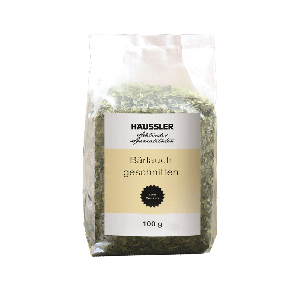 Durchsichtige Verpackung mit gelbem Aufkleber: Bärlauch geschnitten 100 Gramm