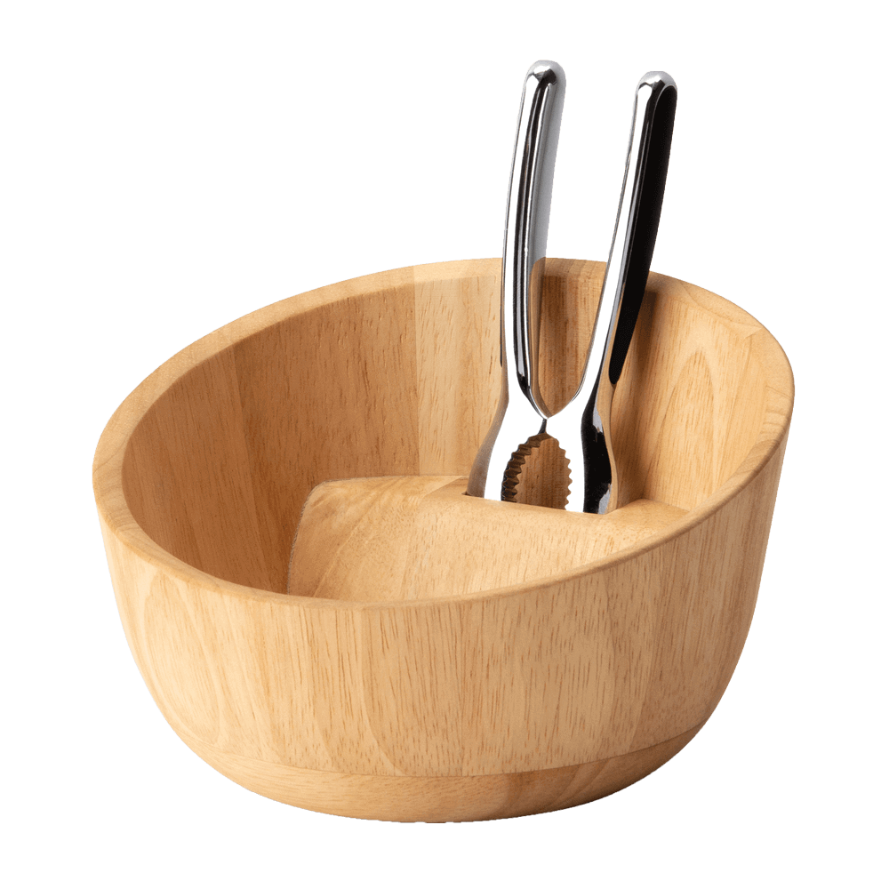 Nussschale aus Gummibaumholz mit eingelegtem Nussknacker ohne Hintergrund.