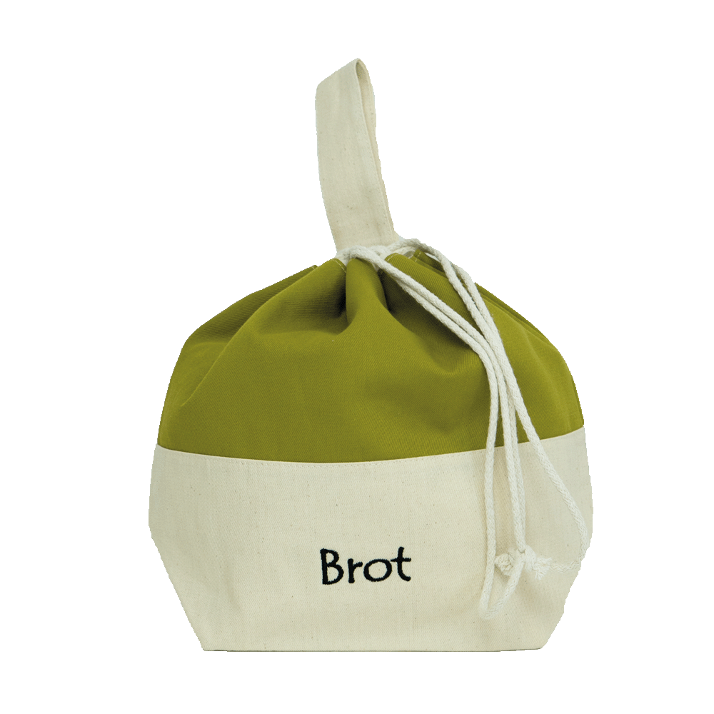 Brottasche aus Baumwolle: Ideal zum Einkaufen, Frischhalten und Servieren. Geschlossene, grüne Brottasche mit Gebäck