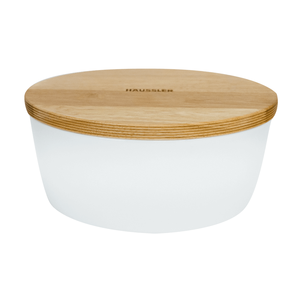 Brot und Gebäck noch länger frisch aufbewahren Weißer Brottopf mit Holzdeckel – Graviert mit „Häussler“