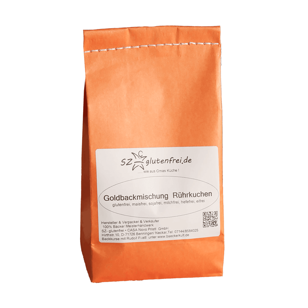 Glutenfreie Backmischung für Rührkuchen in einer orangenen Papiertüte ohne Hintergrund.