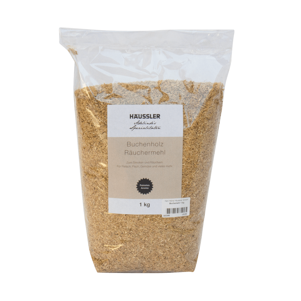 Durchsichtige Verpackung mit Buche Räuchermehl, ohne Hintergrund