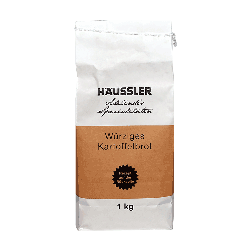 Würziges Kartoffelbrotmehl 1kg Würziges Kartoffelbrotmehl in einer 1kg Verpackung ohne Hintergrund.