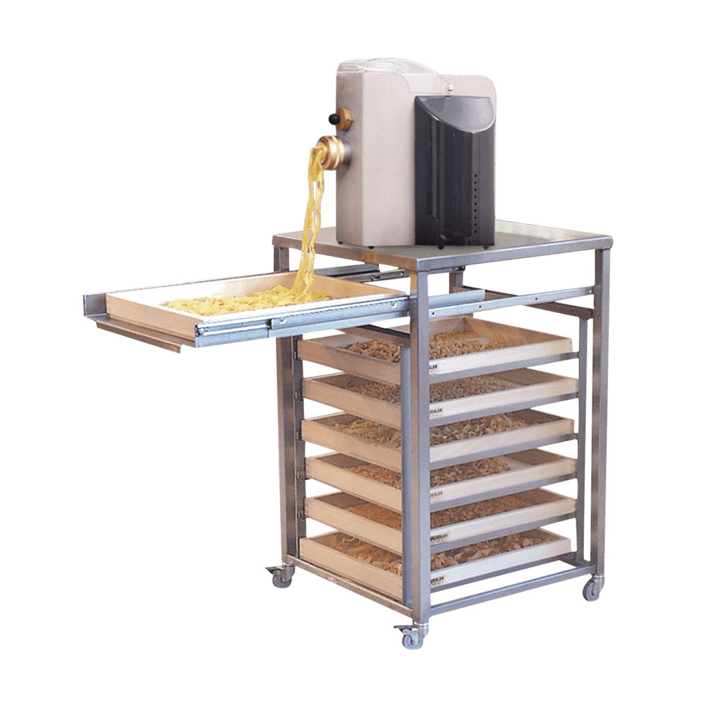 Nudelstation Emma Nudelstation aus Edelstahl mit einer Nudelmaschine Emma und 7 Schubfächern für Nudelhorden