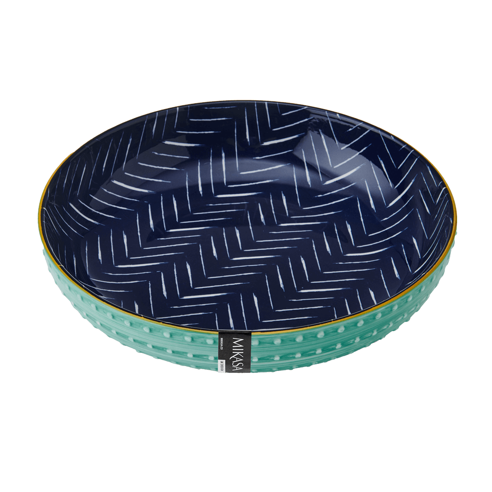 Pasta Bowl - indigo chevron Pasta Bowl mit blauem Muster innen und grünem Muster außen ohne Hintergrund.