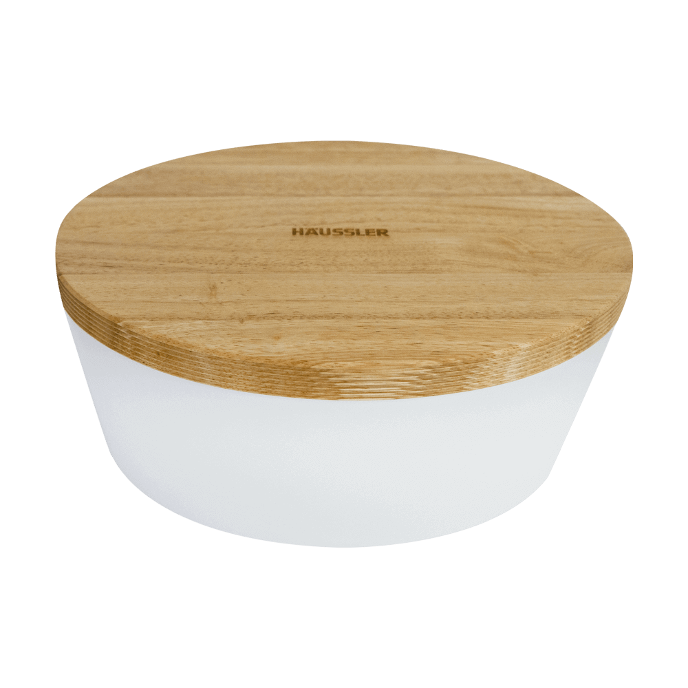 Brot und Gebäck noch länger frisch aufbewahren Weißer Brottopf mit Holzdeckel – Graviert mit „Häussler“