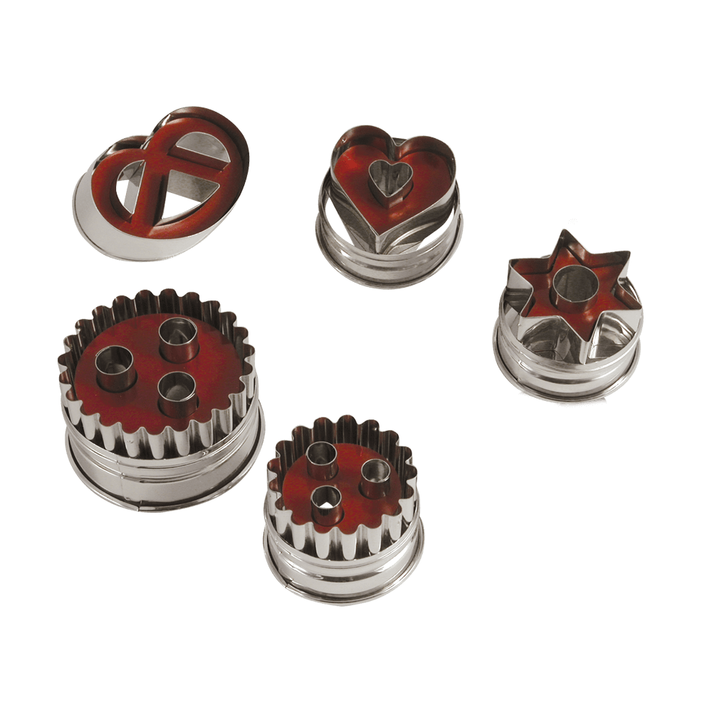 Zerlegbare Linzer Ausstechformen verschiedene Linzer Ausstechformen: Brezel, Herz, Stern, Linzer Form einmal Durchmesser 6,5 Zentimeter und einmal 4,8 Zentimeter. Alle sind zerlegbar um die Bodenplätzchen und die verschiedenen Deckelplätzchen auszustechen