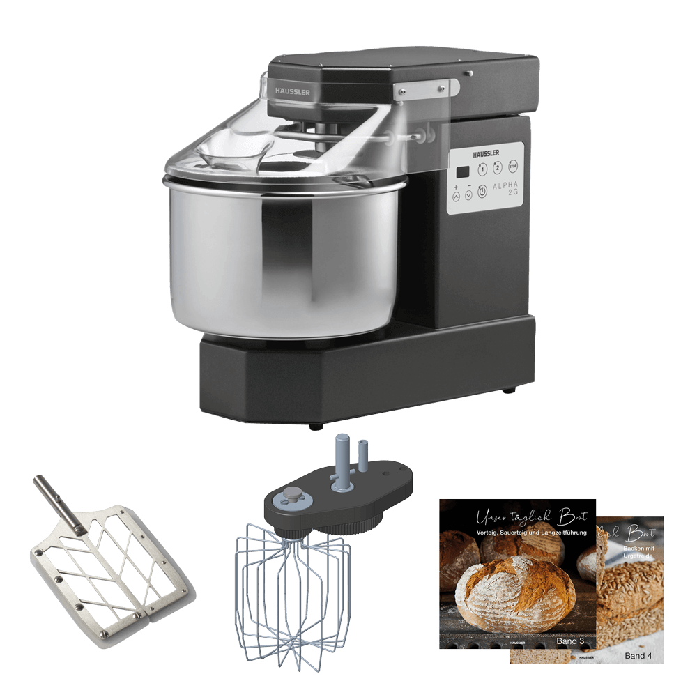 Alpha 2 G Paket 1 Alpha 1G in Anthrazit, Schneebesen, Rührpaddel und Bücher ohne Hintergrund