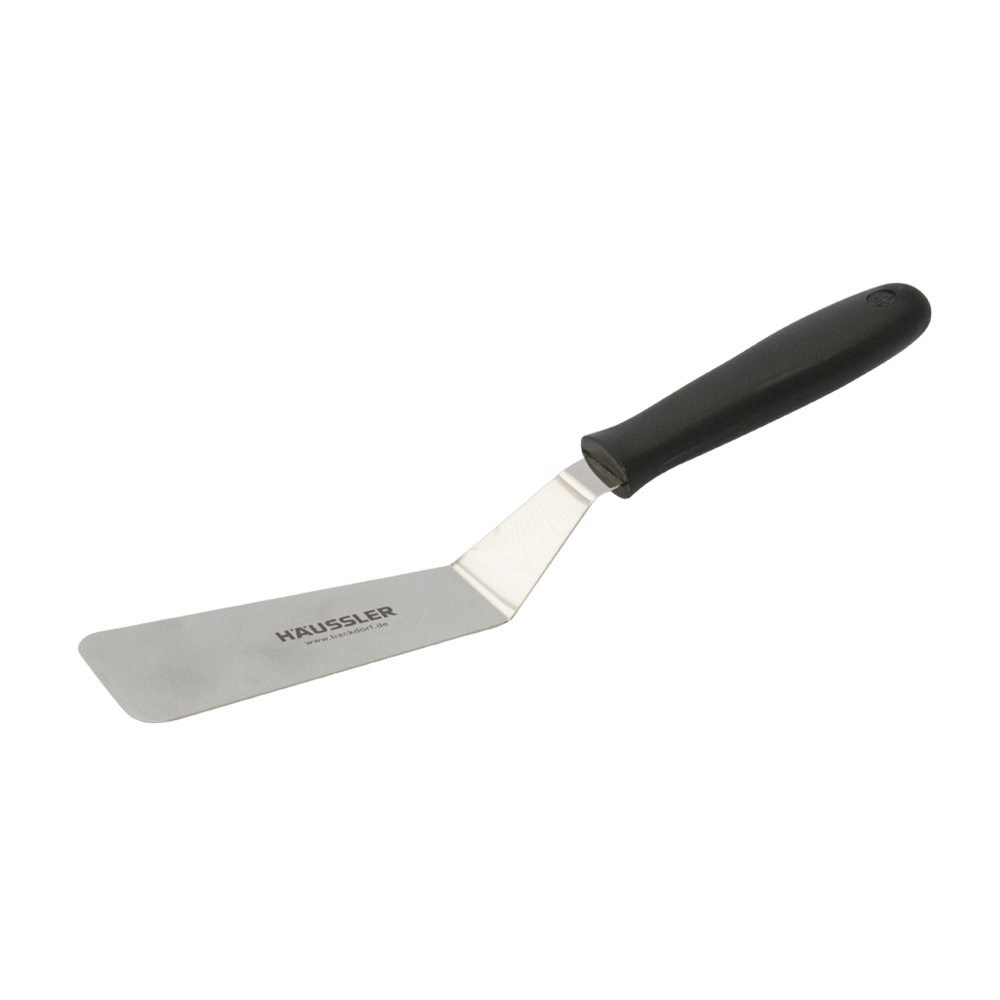 Kuchenheber aus Edelstahl. Der Kuchenheber hat eine Klingenlänge von 12,5 Zentimeter der Eckig ist. Der Heber hat einen schwarzen aus Plastik. Ohne Hintergrund abgebildet.