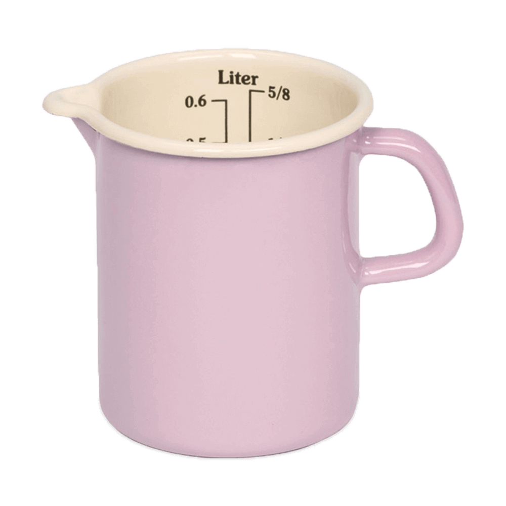 Messbecher aus Emaille rosa Messbecher aus Emaille. Innen ist eine Messskala zu sehen. Der messbecher hat einen Griff und einen Ausgießer.