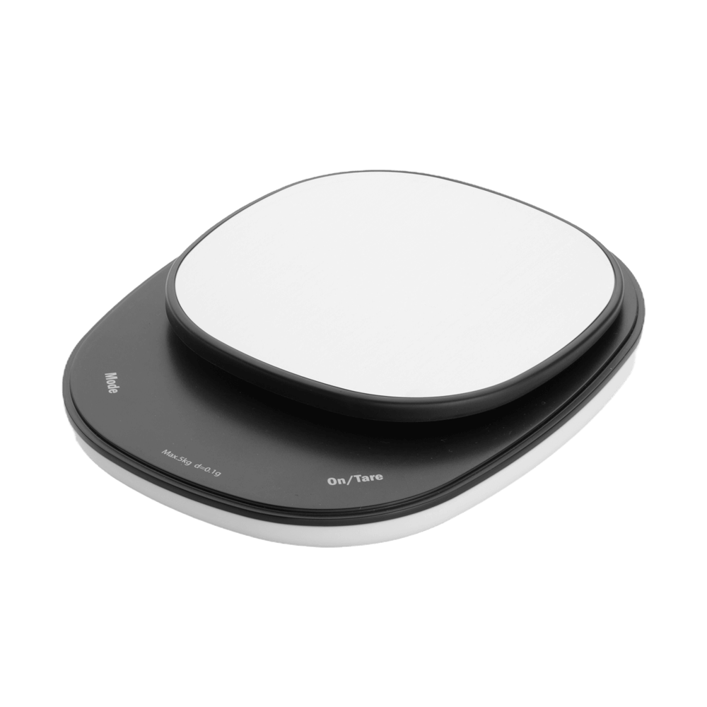 Feinwaage ohne Hintergrund. Die Waage ist im unteren Bereich dunkelgrau-schwarz. Links ist ein Knopf um den Modus einzustellen. In der Mitte wird der Minimum und Maximum Bereich angezeigt und rechts ist der ON/Tare Knopf