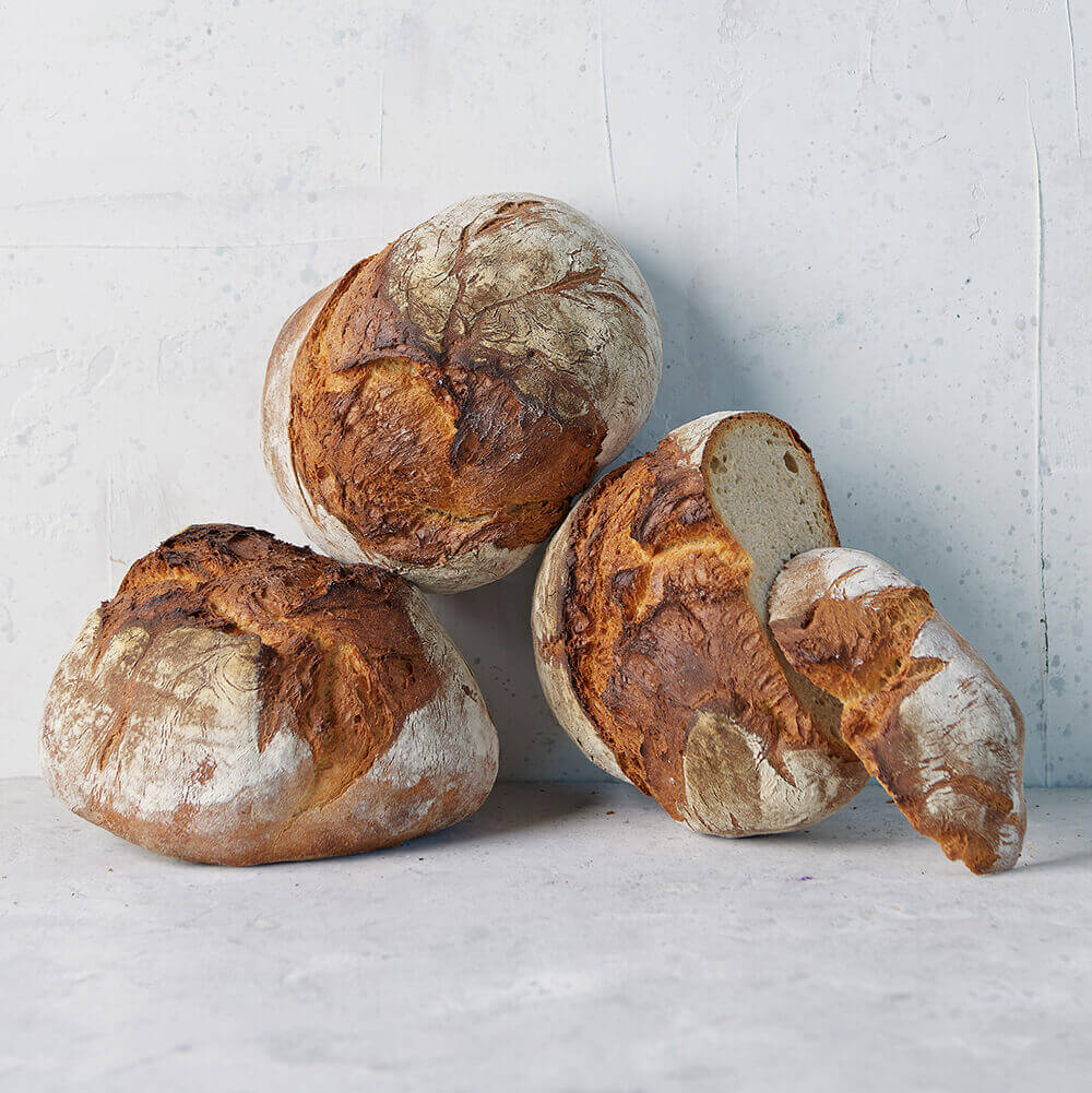 Frisches Brot Mehrere frisch gebackene Brote, eines davonaufgeschnitten.