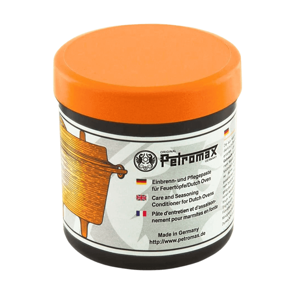 Einbrenn-und Pflegepaste für Feuertöpfe/Dutch Oven Einbrenn- und Pflegepaste im Gefäß mit orangenem Deckel