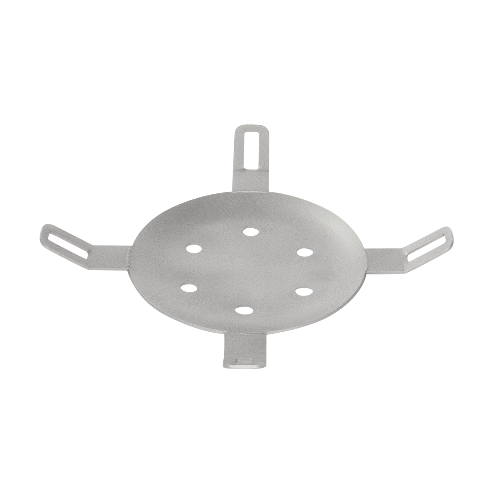 Flammenteiler Das Bild zeigt einen runden, gelochten Metallaufsatz mit vier abstehenden Halterungen. Die Löcher in der Mitte ermöglichen den Durchlass von Hitze.