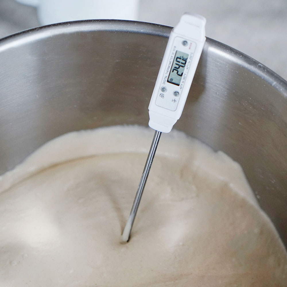 Teigthermometer zur Kontrolle der Temperatur Teigthermometer welches im Teig steckt unt Teigtemperatur anzeigt