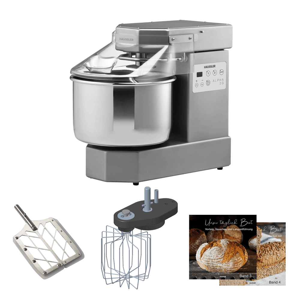 Alpha 1G in Edelstahl, Schneebesen, Rührpaddel und Bücher ohne Hintergrund