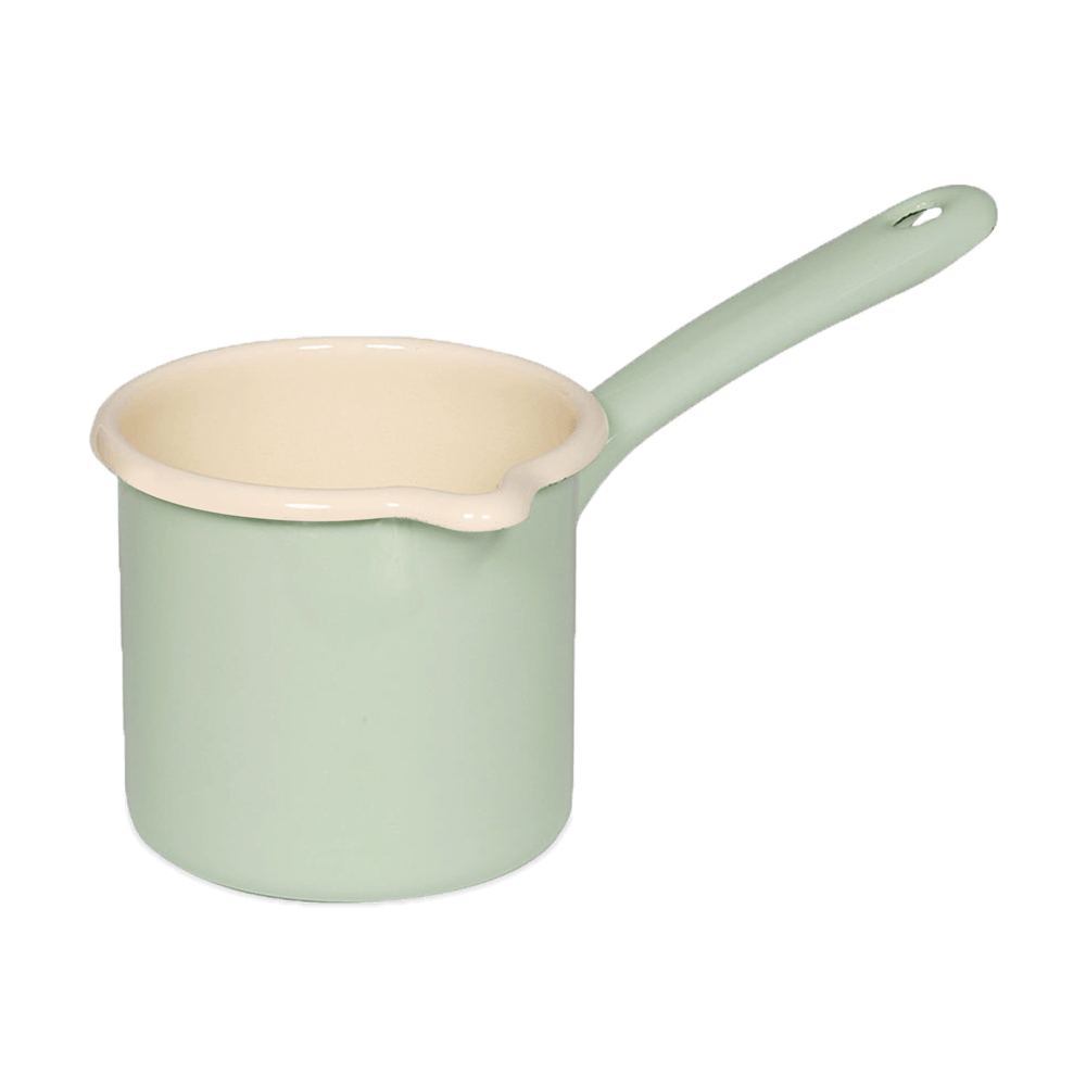 Der Topf hat außen die Farbe Nilgrün und innen Beige. Er besitzt einen Siel. Der Topf hat einen geschwungenen Rand um mehr Stabilität zu erzeugen. Ohne Hintergrund abgebildet.