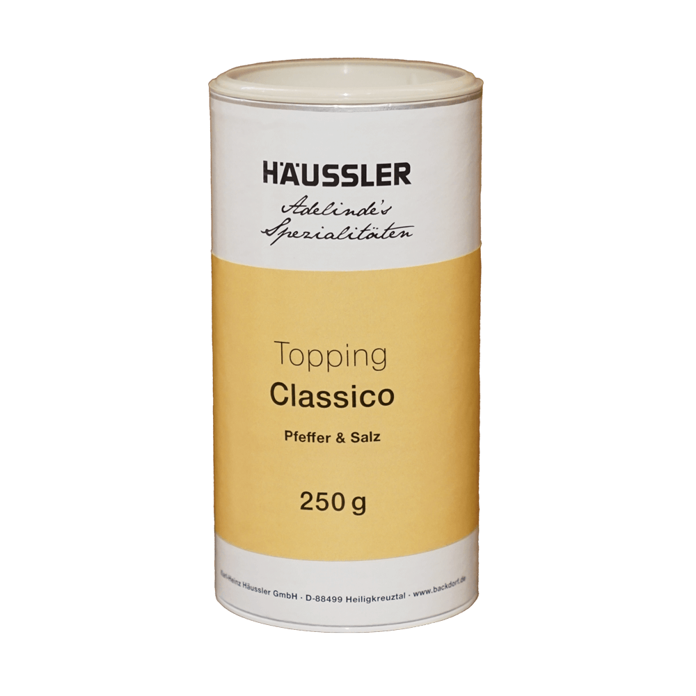 Topping Classico – Salz & Pfeffer in perfekter Balance Dose Topping Classico Pfeffer & Salz von Häussler, 250 g – klassisches würziges Topping für herzhaftes Gebäck