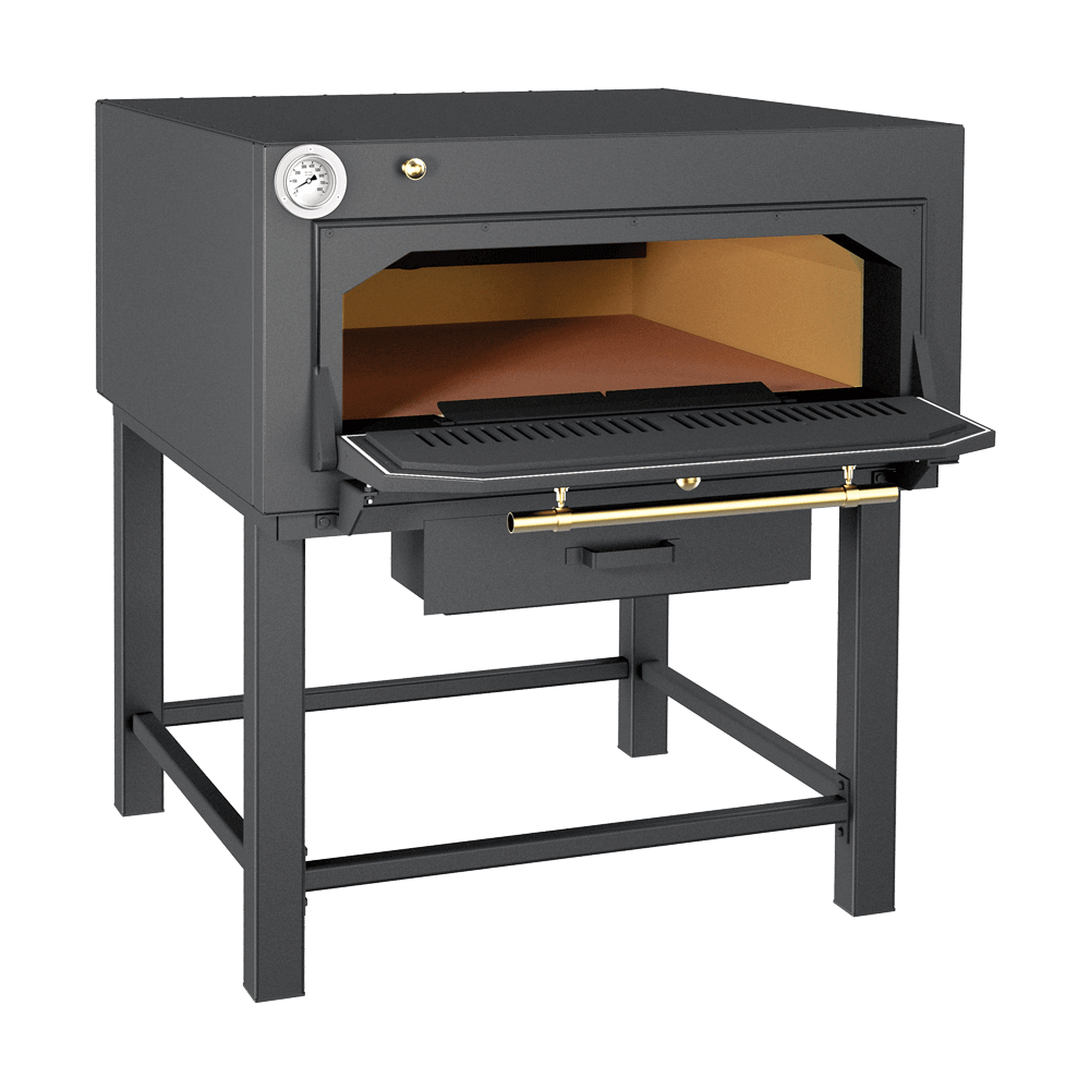 Holzbackofen mit Untergestell und geöffneter Ofentüre