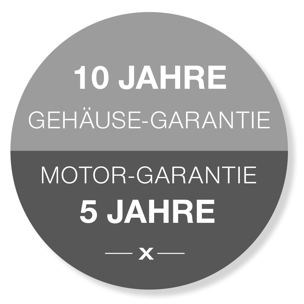 Häussler Siegel mit folgendem Text 10 Jahre Gehäuse-Garantie, Motor-Garantie 5 Jahre