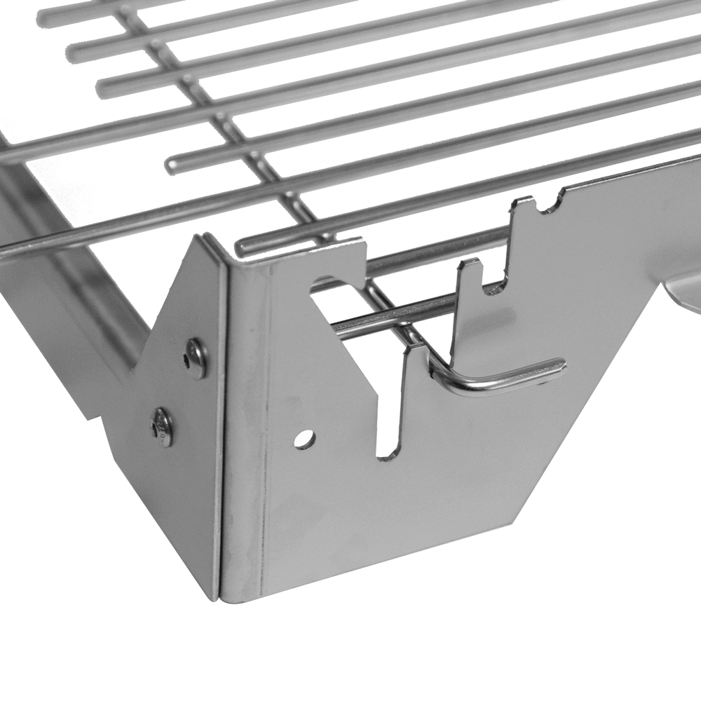 Detailbild der Ecke des Grillrost, bei welchem die Höhenverstellung des Rost ersichtlich ist, ohne Hintergrund.