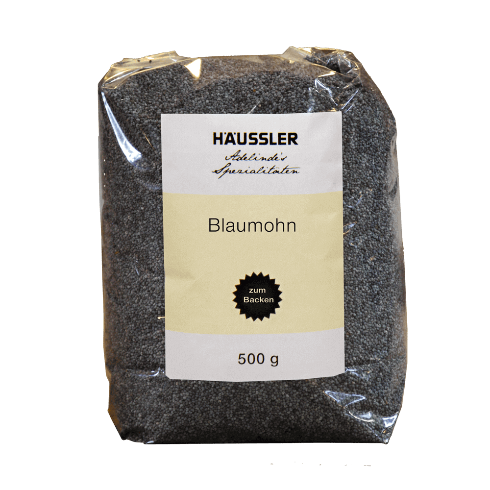 Blaumohn 500 g Durchsichtige Verpackung mit gelbem Aufkleber und dem Inhalt 500 Gramm Blaumohn