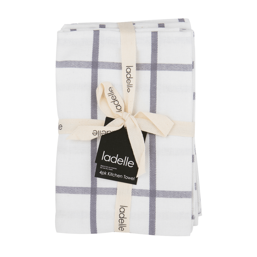 Geschirrtuch anthrazit weiß als Geschenk gefaltet ohne Hintergrund.