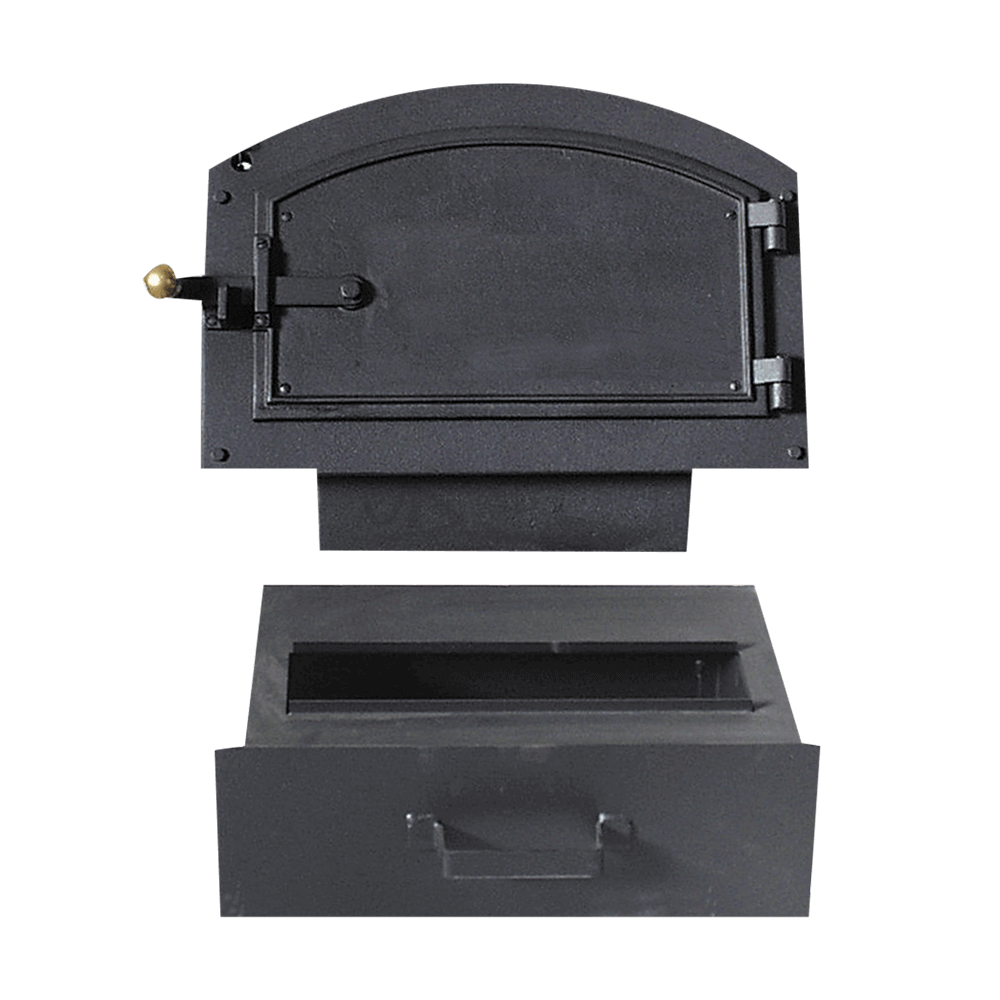 Türmodell B Ofentüre aus Guss zum Nachrüsten eines Holzbackofens ohne Motiv. Zusätzlich ist noch ein Aschekasten aus Guss vorhanden. Ohne Hintergrund abgebildet.