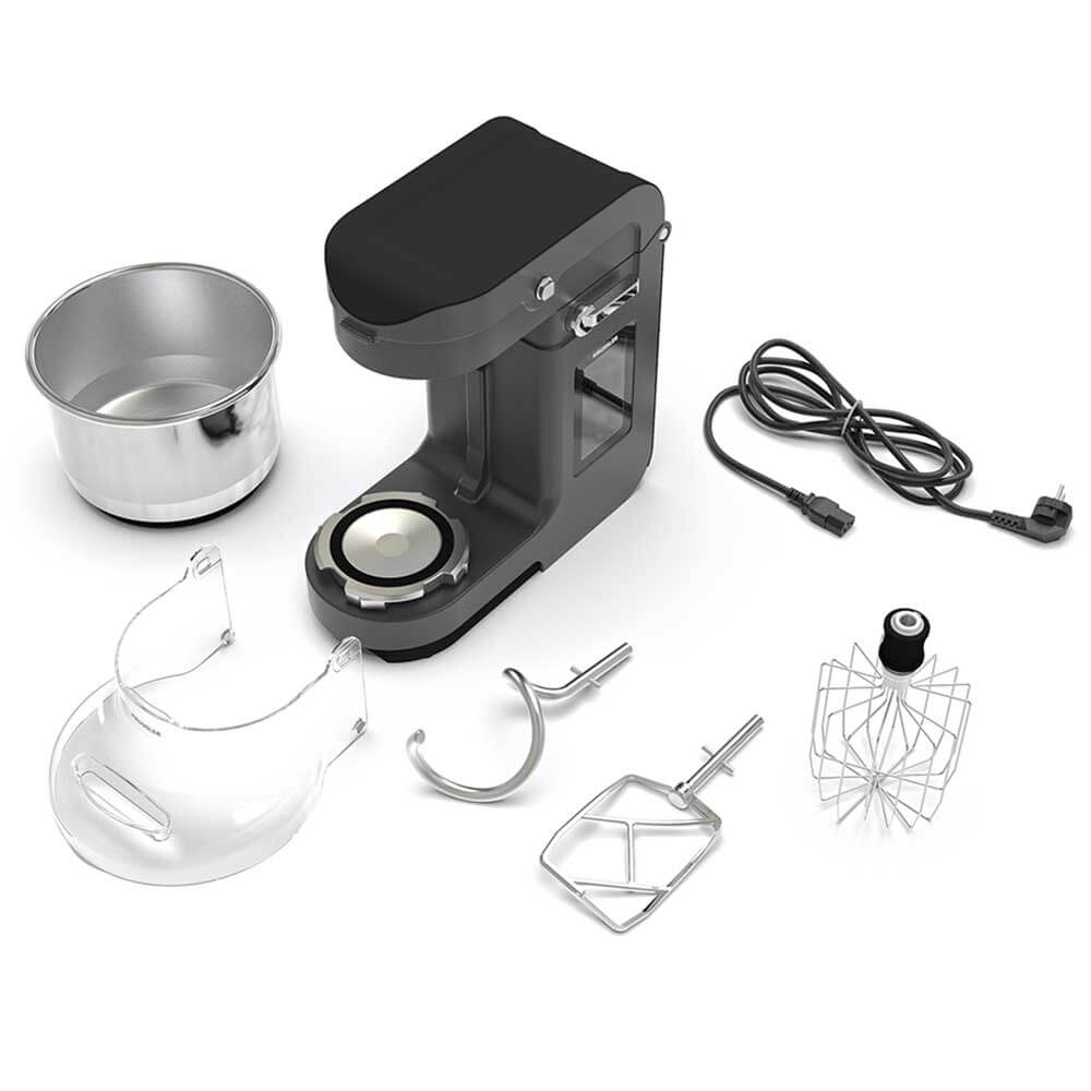 Zubehör NOVA Teigknetmaschine NOVA Teigknetmaschine mit Zubehör, welches nebeneinander ausgelegt ist, ohne Hintergrund.