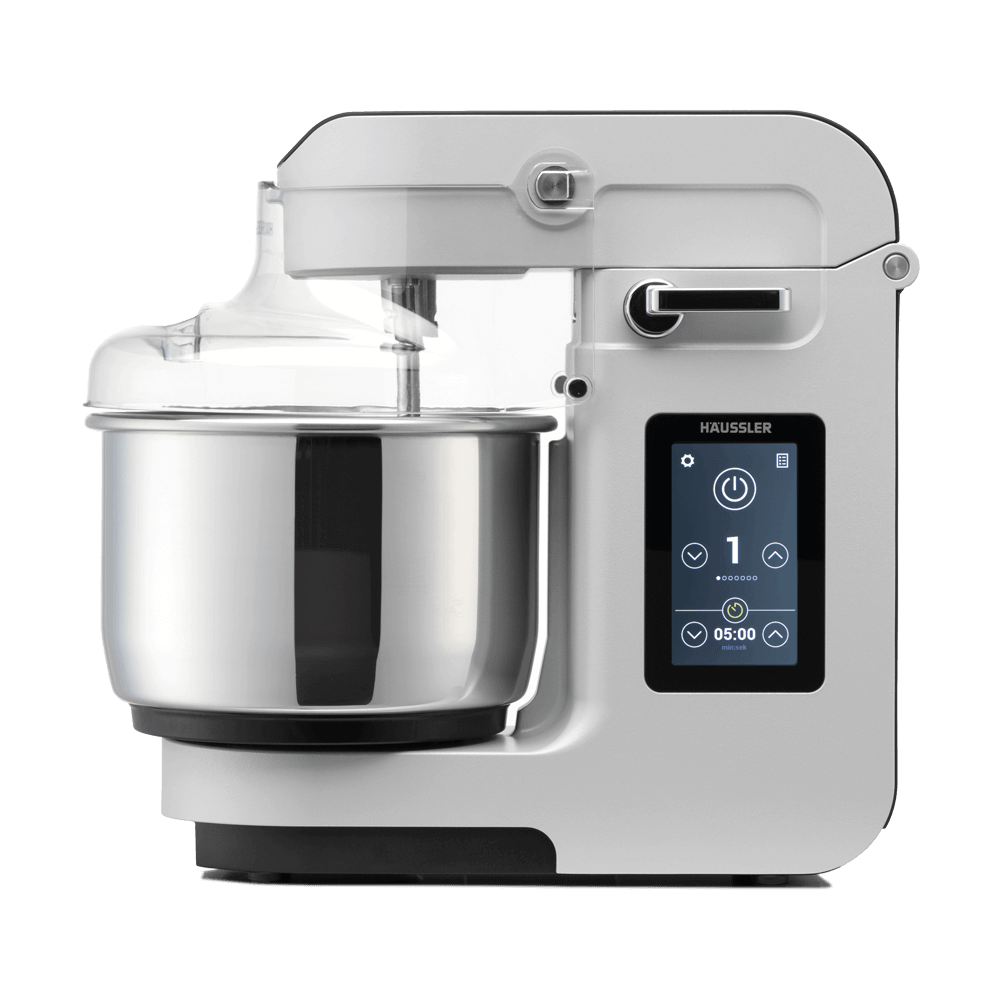 NOVA Teigknetmaschine Silber Nova Teigknetmaschine mit Digitaldisplay in frontaler Ansicht in der Farbe Silber ohne Hintergrund.