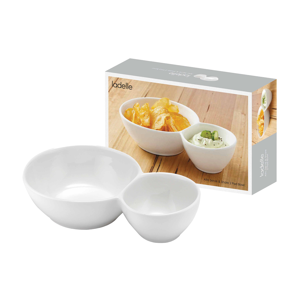 Servierschale 2-teilig, zwei verbundene weiße Porzellanschüsseln und die Verpackung dazu, Farbe weiß