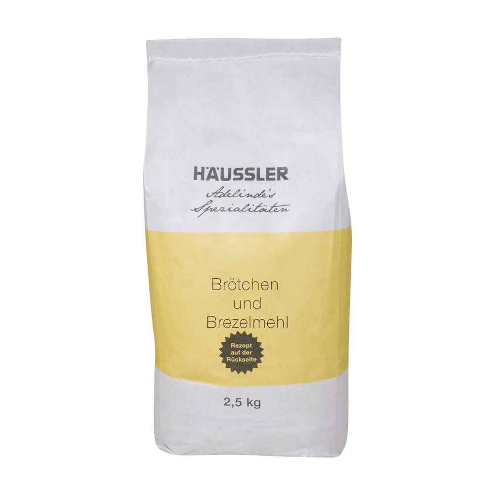 Brötchen und Brezelmehl 2,5 kg Weiße Verpackung mit der Aufschrift Brötchen und Brezelmehl 2,5 Kilogramm