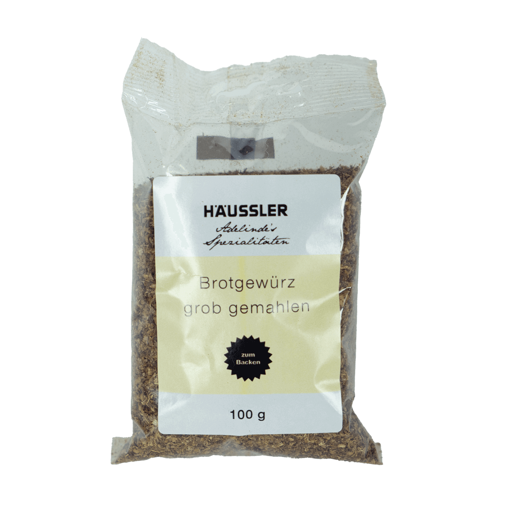 Brotgewürz grob gemahlen 100 g durchsichtige Verpackung gefüllt mit einem grob gemahlenen Pulver befüllt und einem gelben Aufkleber mit der Aufschrift Brotgewürz grob gemahlen 100 Gramm