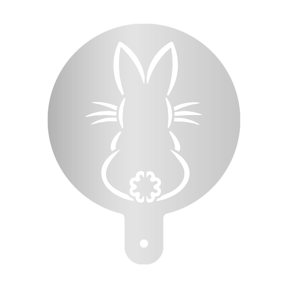 Mehlschablone Hase sitzend Runde Mehlschablone mit Griffstück mit einem Ausschnitt in der Mitte in Form eines sitzenden Hasen. Ohne Hintergrundbild.