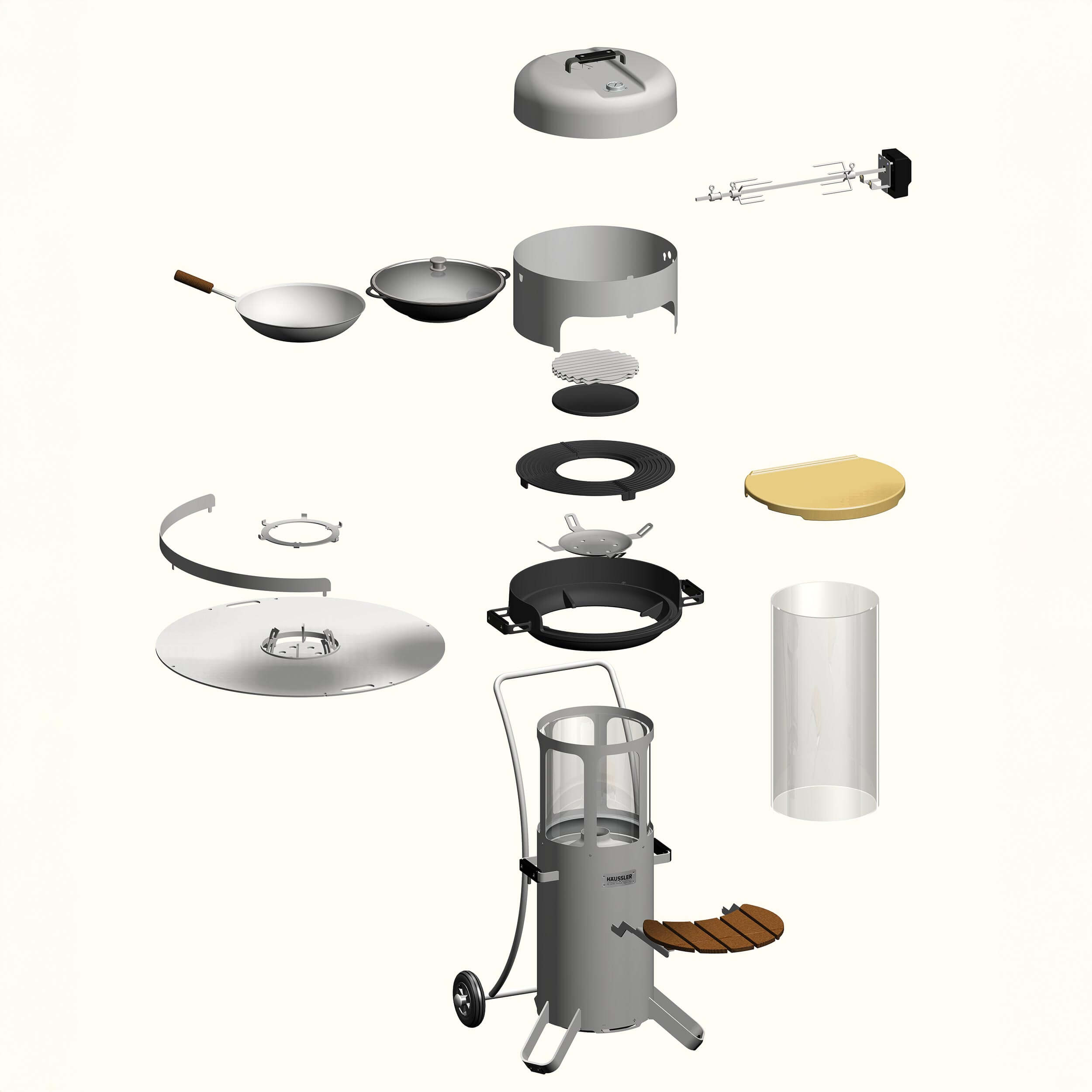 Komponenten des Pelletgrill neben- und übereinander dargestellt.