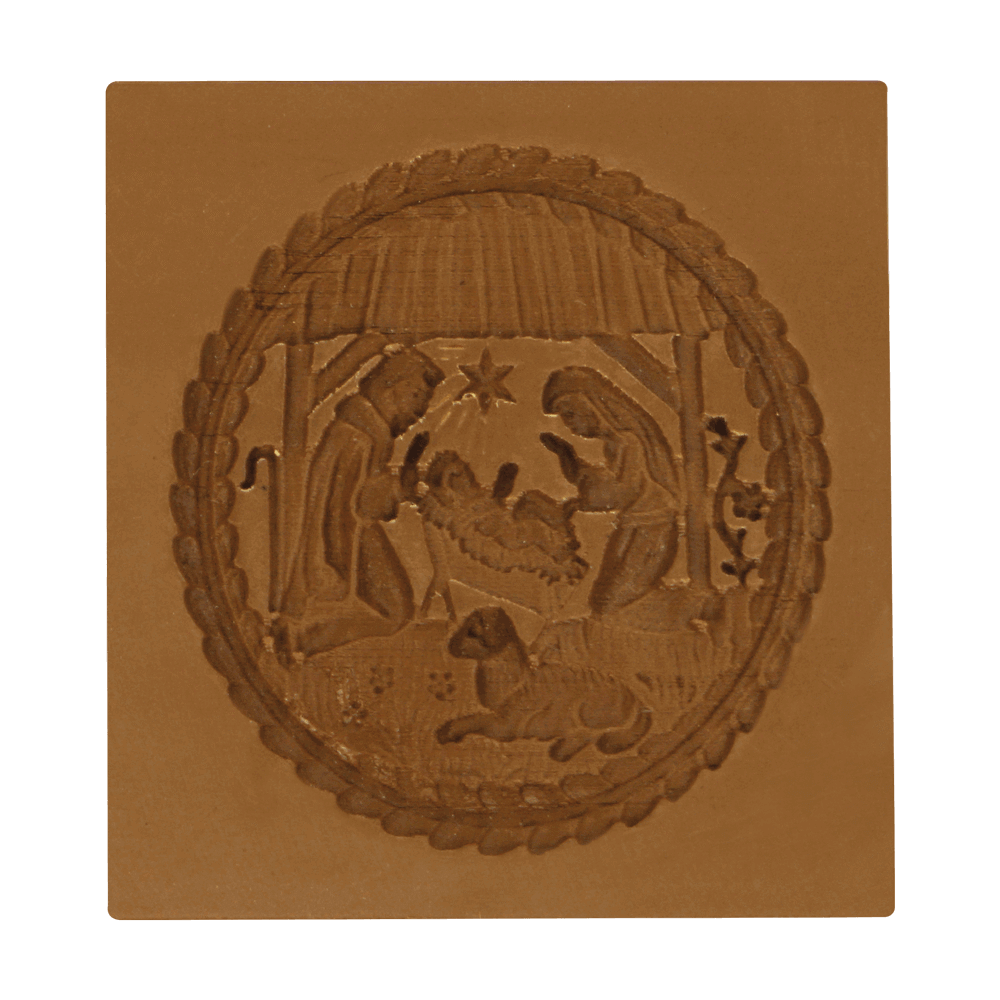 Springerle-Model Krippe rund Braunes viereckiges Springerle-Model mit einer Krippe, einem Schaf, einem Stern und Maria und Josef als Motiv. Ohne Hintergrund abgebildet.