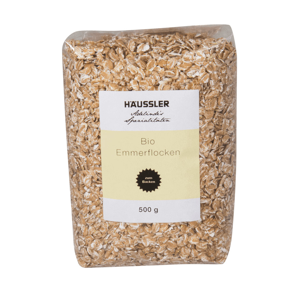 Durchsichtige Verpackung mit 500g Bio-Emmerflocken ohne Hintergrund.