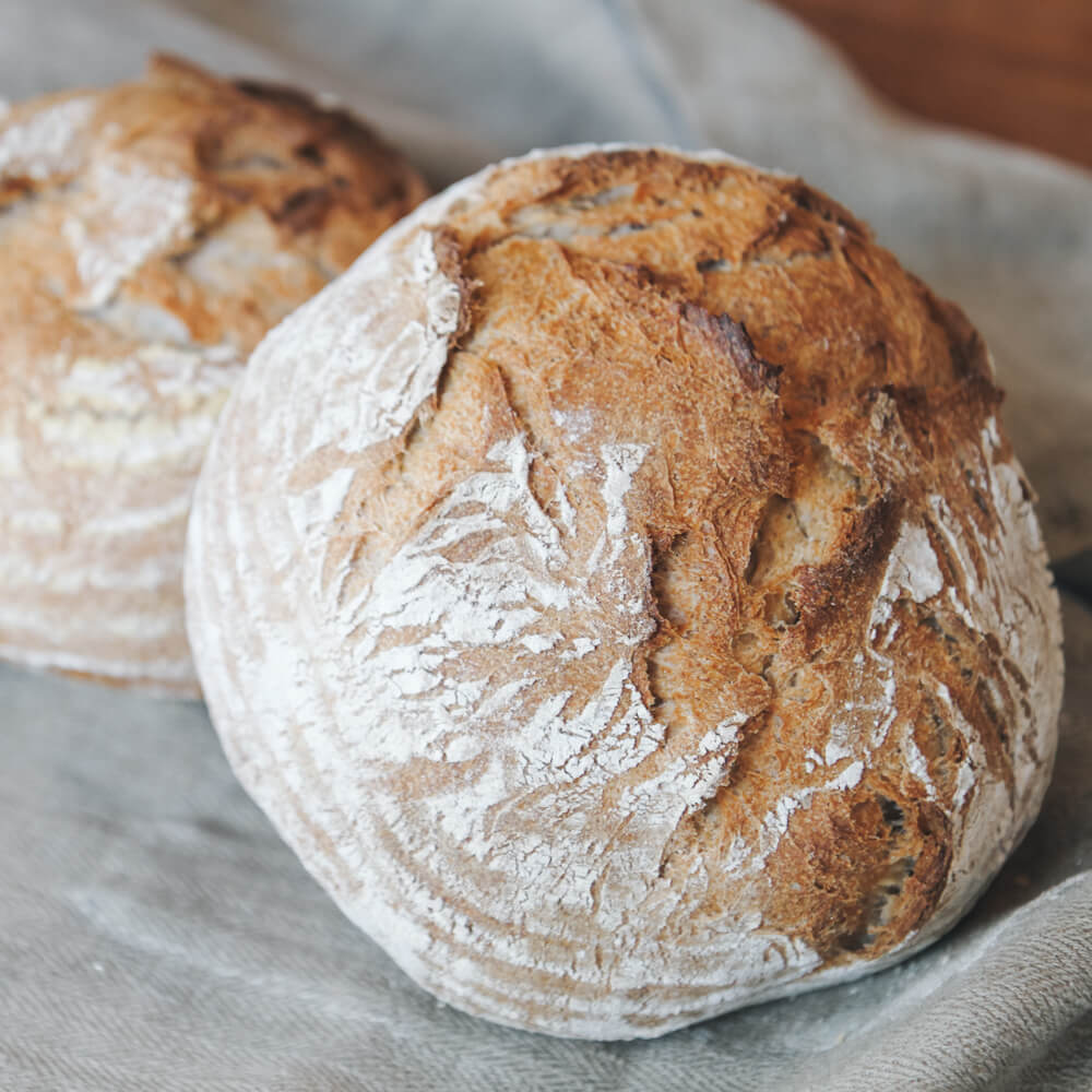 Zwei frisch gebackene Ruchmehlbrot auf einem Hellgrauen Tuch