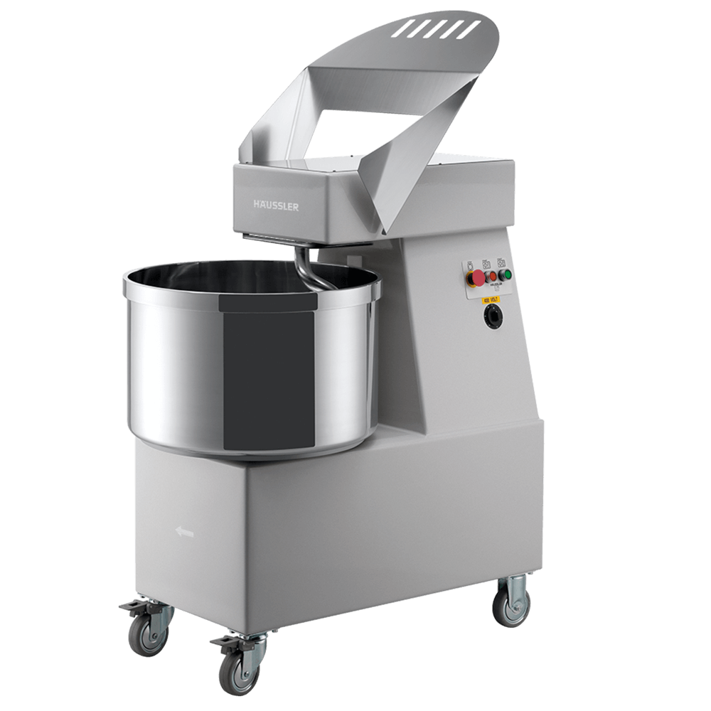 Teigknetmaschine SP70 in der Ausführung Edelsthal mit hochgeklapptem Deckel und Rädersatz