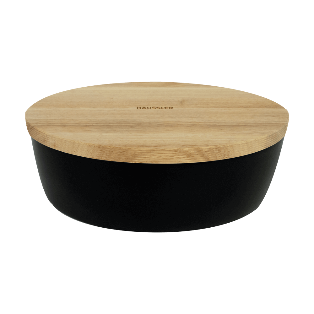 Schwarzer Brottopf mit Holz Deckel graviert mit Häussler