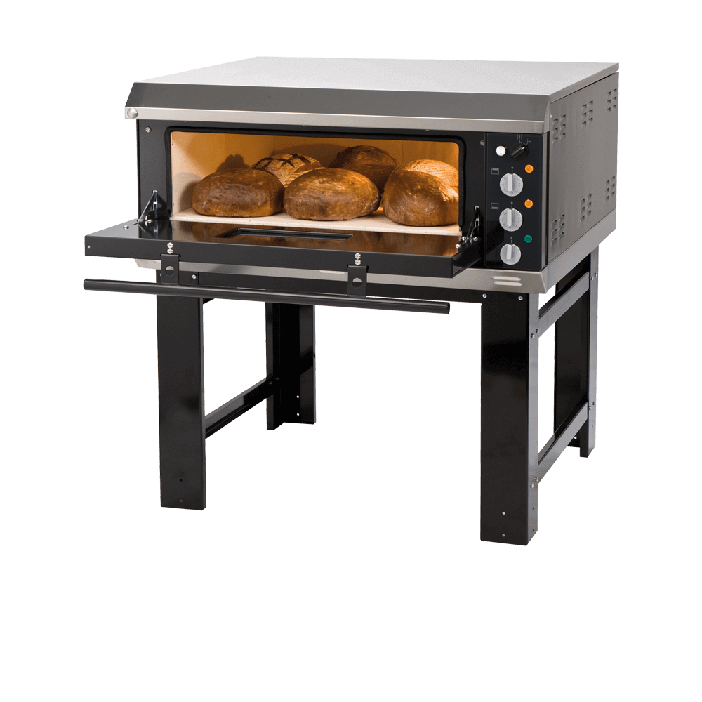 Ofen mit Untergestelle Das Bild zeigt einen geschlossenen Steinbackofen der Marke "Häussler" auf einem stabilen Metalluntergestell. Durch ein kleines Sichtfenster in der Ofentür kann man einen Blick auf das Innere werfen, wo Brot gebacken wird.