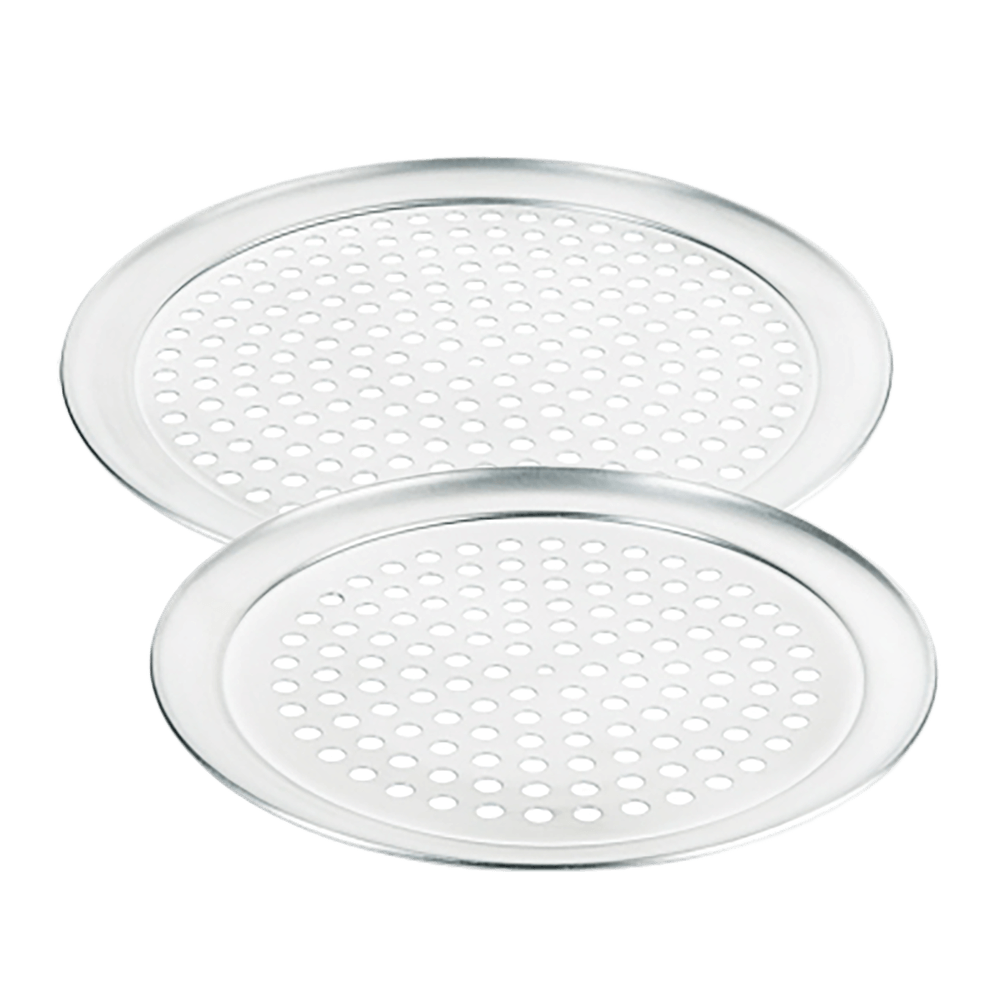 Pizzablech, gelocht zwei runde, gelochte Pizzableche aus Aluminium