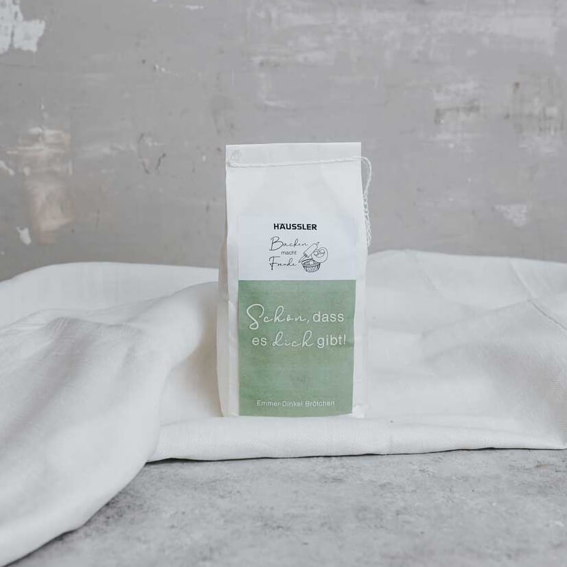 Mehl-Geschenk: Schön, dass es dich gibt! (Emmer-Dinkel Brötchen) 1 Kilogramm