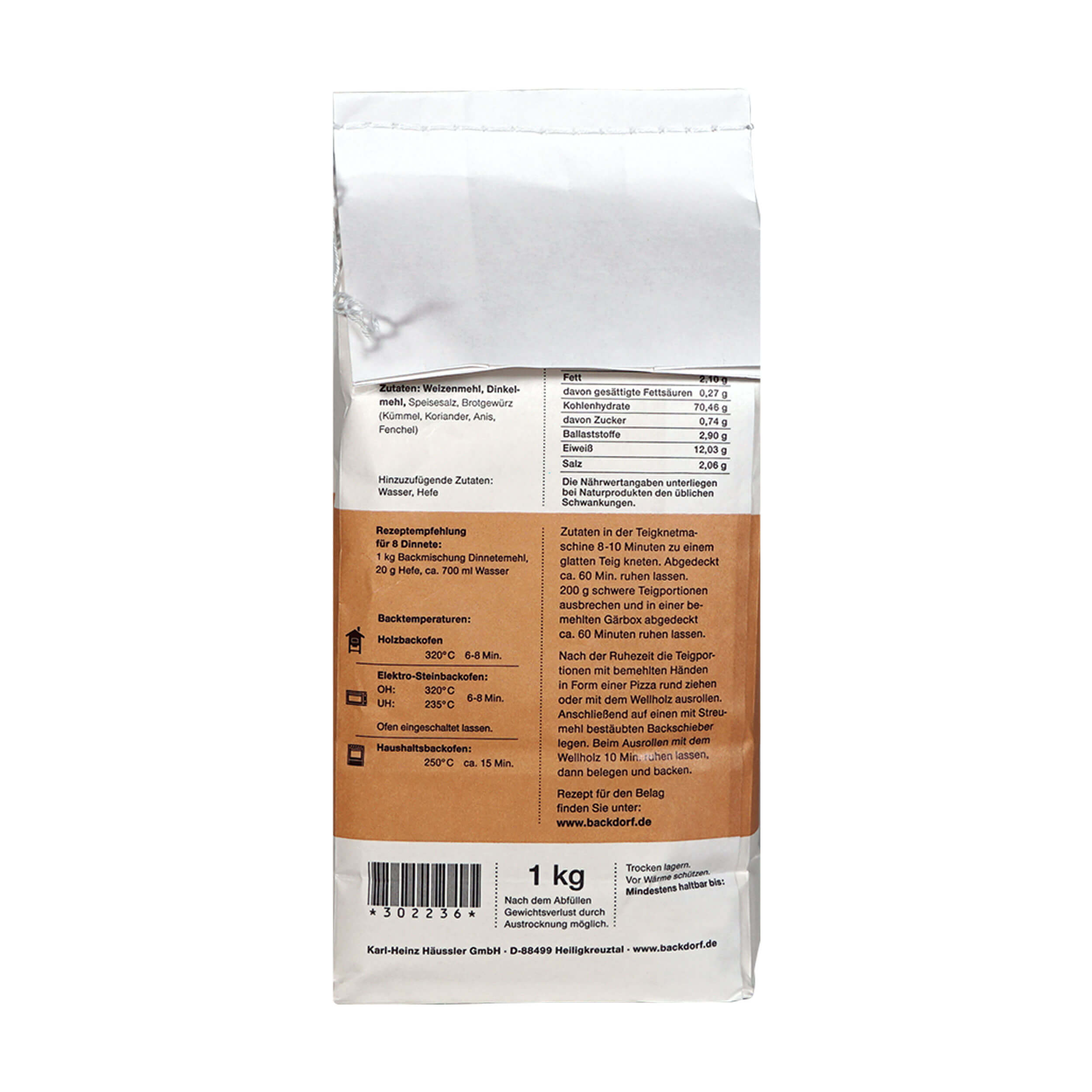 1 kg Dinnete Mehlpackung von hinten